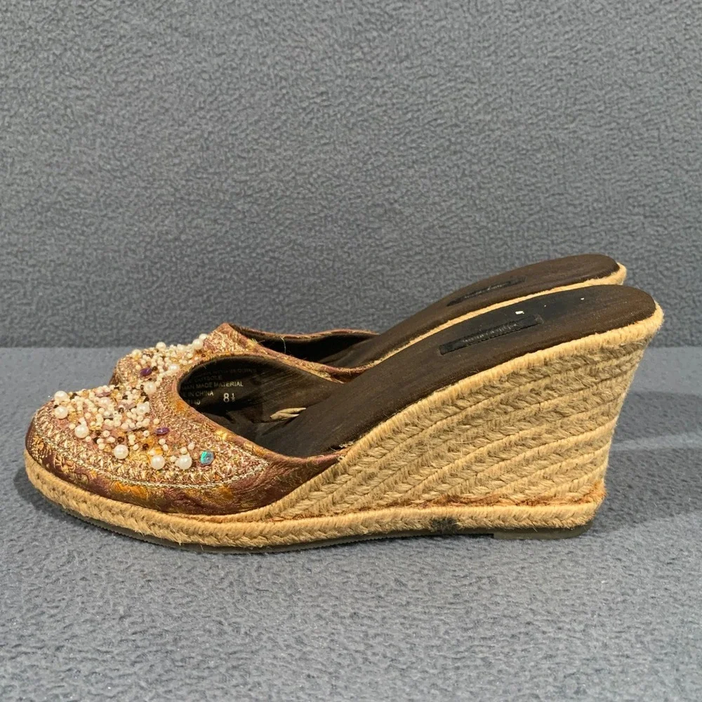 Y2K Fairy Espadrille Wedge Mules Women 8.5 Beaded Brocade Boho Artisan Sandals